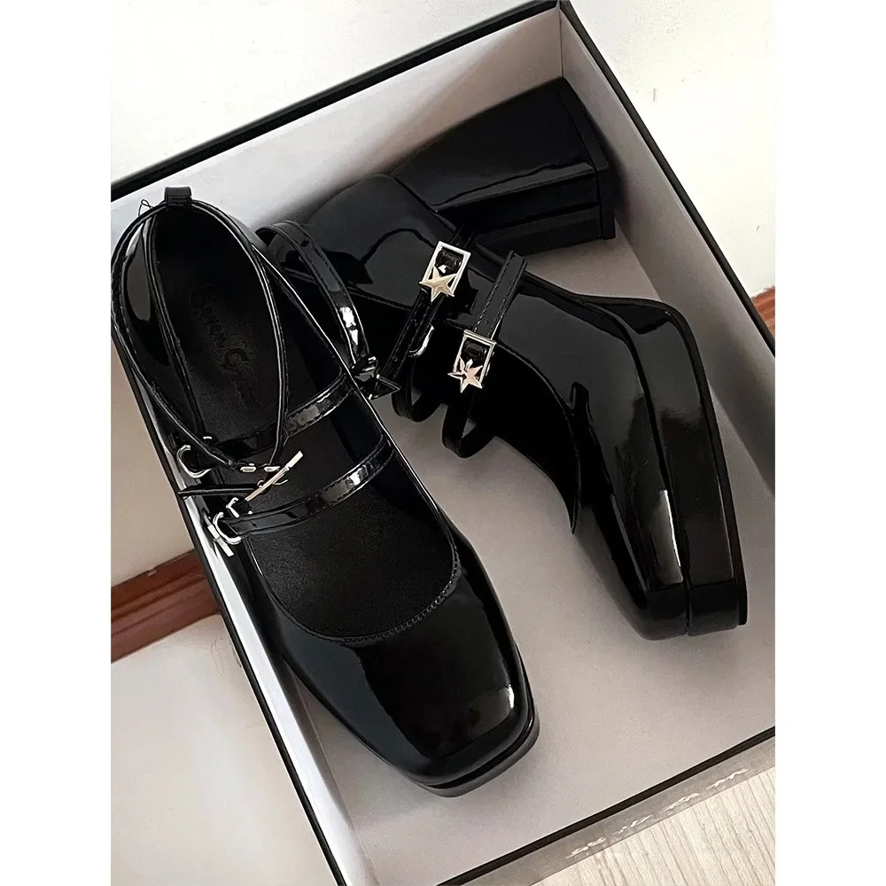 

High Heels For Women Star Buckle Platform Mary Jane Leather Shoes