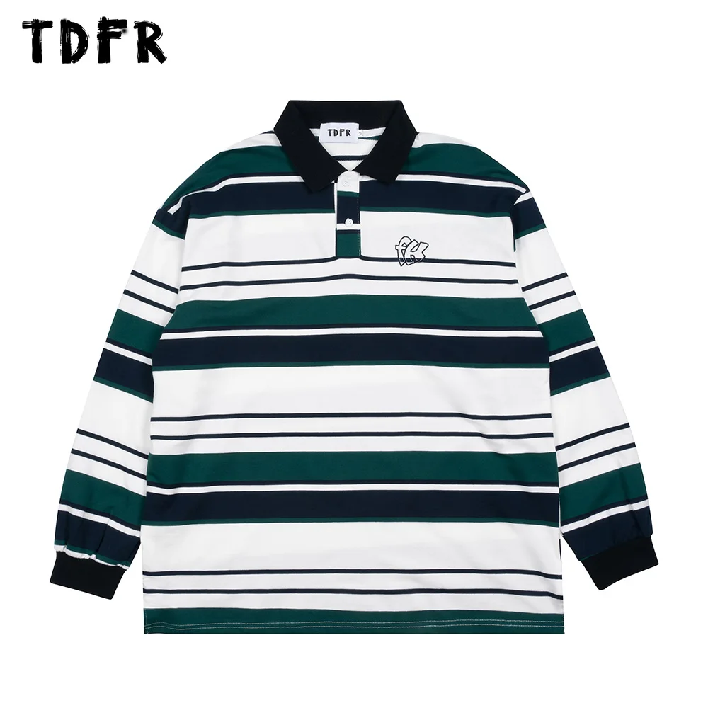 

Letter Embroidery Long Sleeve T-shirt Mens Autumn Casual Streetwear Loose Horizontal Stripes Lapel Tshirt Men