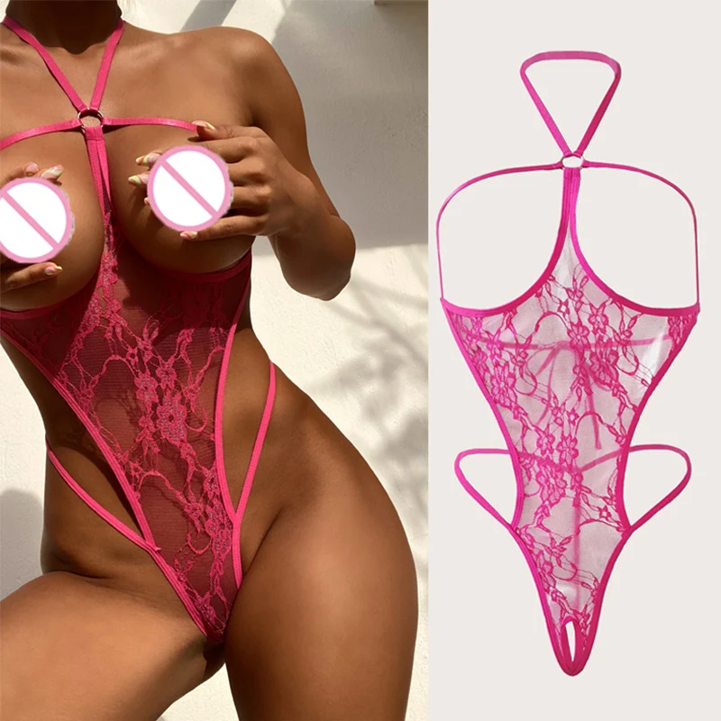 

Women Ladies Sexy Solid Bodysuits Lace Mesh Hot Open Crotch Underwear Backless One-piece Slim V-Neck Female Erotic