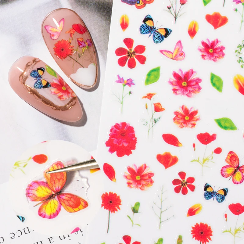 

1 Sheet Butterfly 3D Nail Stickers Spring Theme Colorful Flowers Leaves Self Adhesive Sliders Nail Decals Decoration