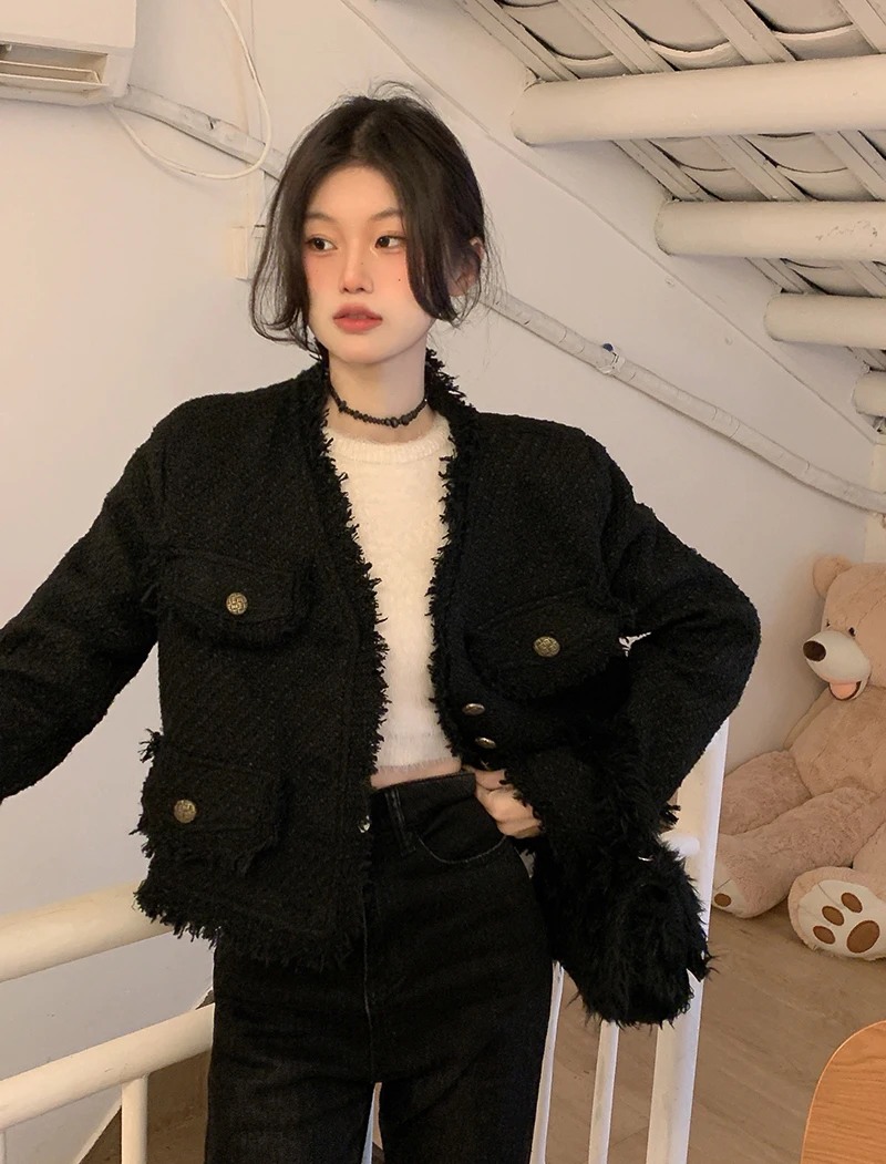 

Женское маленькое очаровательное твидовое короткое пальто с бахромой, черное шерстяное пальто с v-образным вырезом, топы, женские куртки