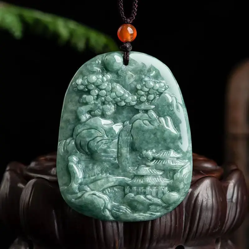 

Emerald A Goods Bean Green Shanshui Pendant Jewellery Hand-Carved Real Jade Sweater Chain for Women Men Charm Accessories Gift