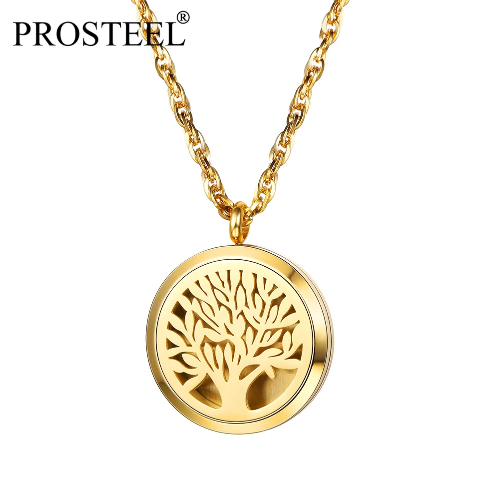 

PROSTEEL Valentine Necklace Tree of Life Stainless Steel Locket Essential Oil Diffuser Perfume Pendant Gold/Black Plated PSP2960