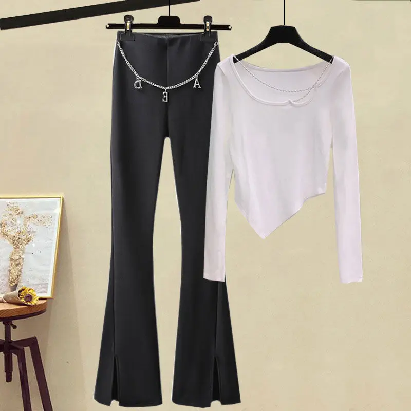 

New Spring Slim Pants Set Women Beading Long Sleeve Sexy Bodycon T shirt Women's Tops Letter Chain Zipper Flare Pants Tracksuit