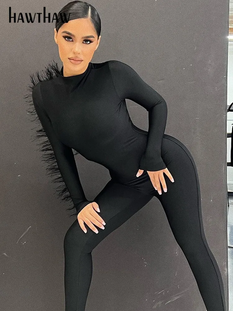 

Hawthaw Women Fashion Long Sleeve Bodycon Streetwear White Jumpsuits Overalls 2022 Fall Clothing Wholesale Items For Business