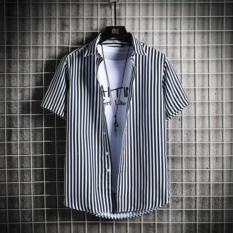 Summer 2022 Fashion Casual Youth Short Sleeve Men's Clothes Quick Dry Slim Striped Polyester Shirt Factory Outlet Thin Shirts