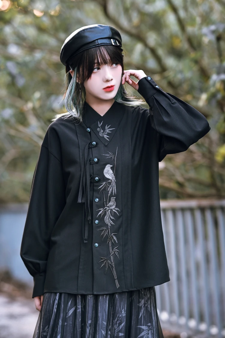 Популярный дизайн Sense новая черная рубашка с длинными рукавами и китайской