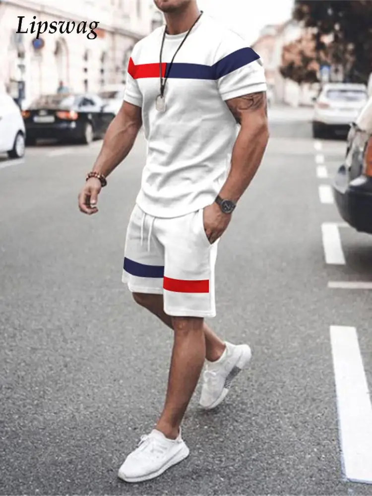 

New Fashion Striped Printed Two Piece Sets Men Summer Short Sleeve O-Neck Tee And Shorts Outfits Mens Casual Clothing Mans Suits