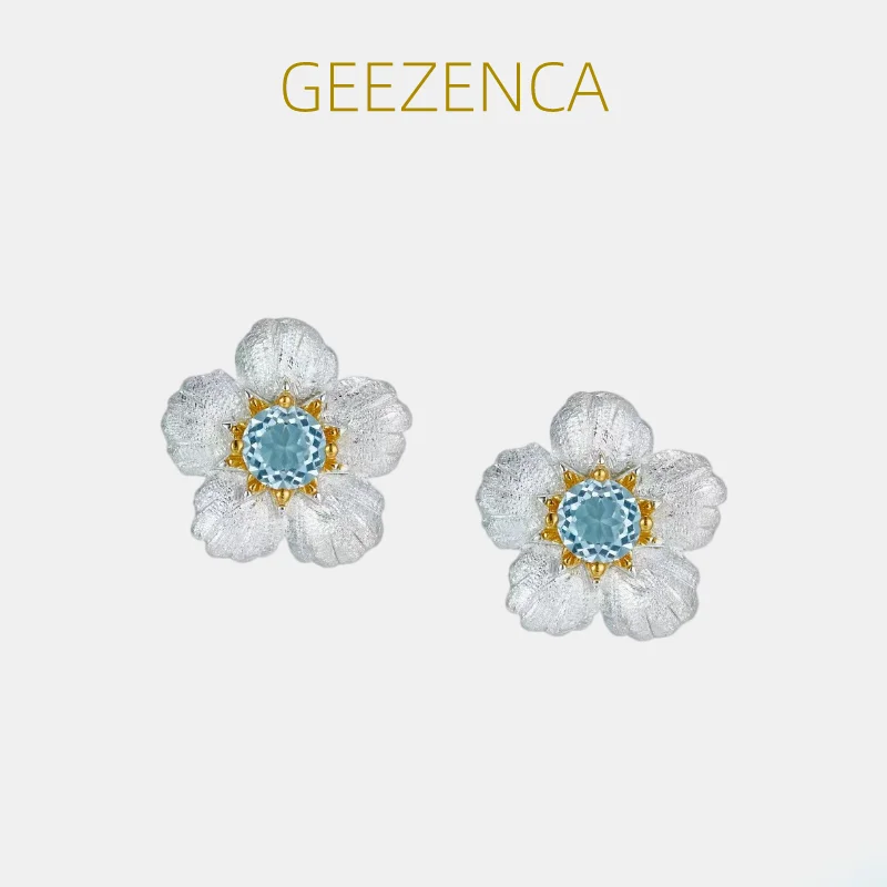 

GEEZENCA Blue Topaz S925 Silver Two Tone Plating Flower Earrings Natural Stone Aesthetic Small Earring For Women 2023 Summer New