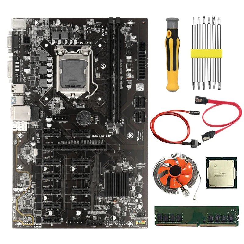 B250 BTC Mining Motherboard With G3900 CPU+8G DDR4 RAM+Fan+Switch Cable+Screwdriver 12 PCIE Slot LGA1151 DDR4 DIMM SATA3