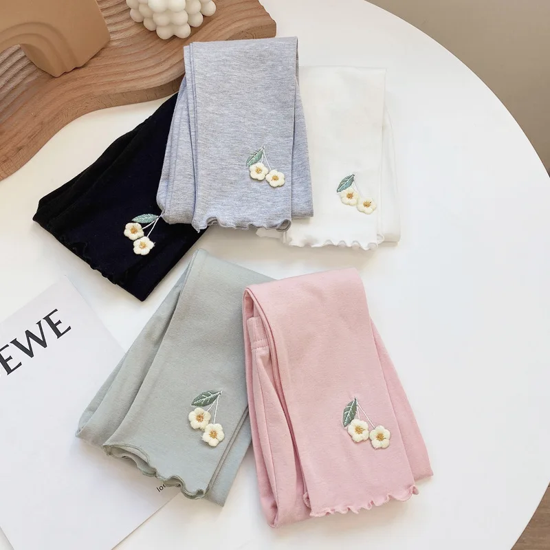

Korean Style Girls Pants 2022 Summer New Flower Print Side Fungus Elastic Waist Slim Leggings Thin Pant Children Clothing