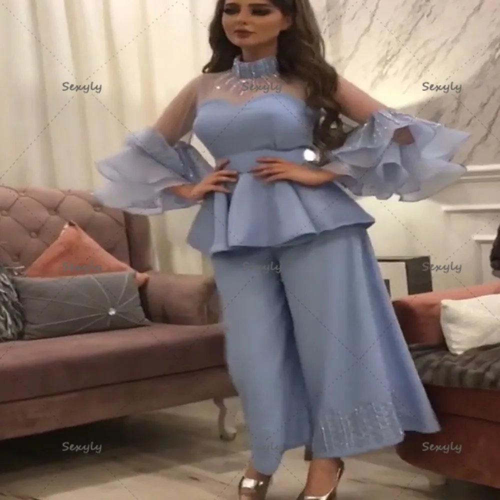 

Modest Two Piece Blue Arabic Evening Dress 2022 Round Neck Pantsuit Puff Sleeve Prom Dresses Elegant Dinner Party Robe Femme