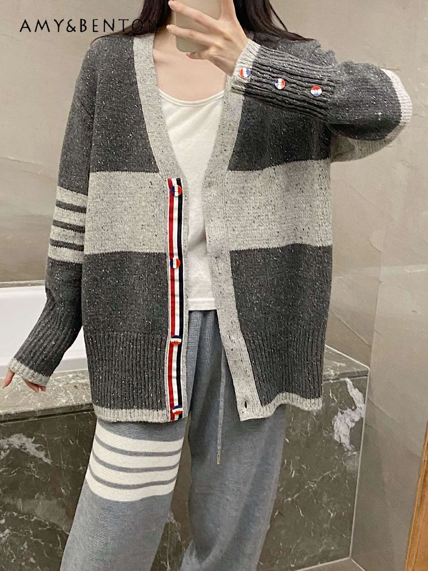 Autumn and Winter Wool Sweater Women's Long Sleeve Cardigan Sweater Mid-Length Loose and Lazy Style Color Matching Casual Jacket