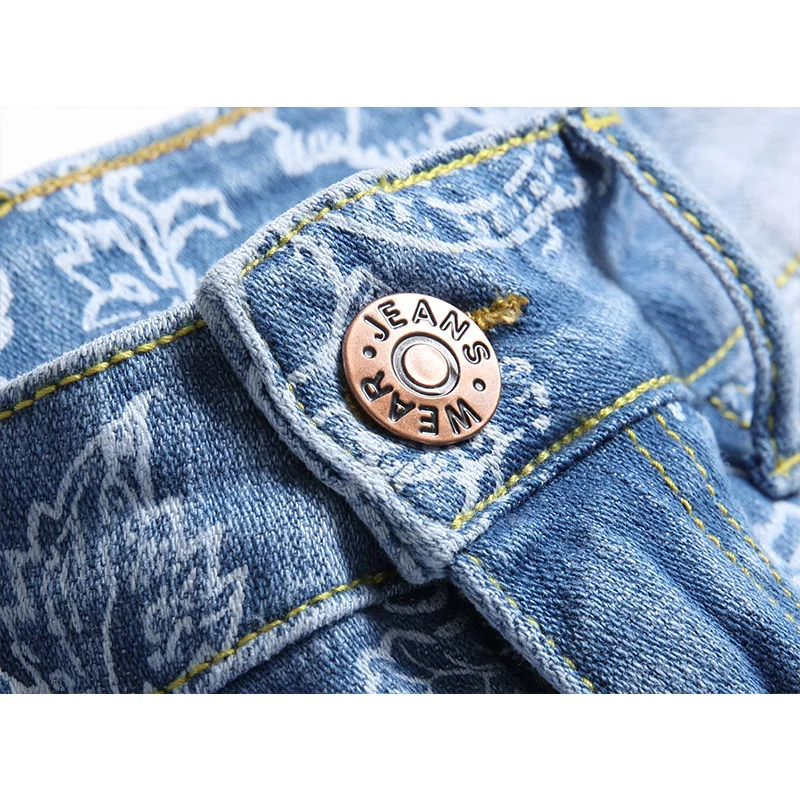 Mens Jeans Fashion Elastic Printing Personalized Denim Pants Summer Knee Length Mens Street Wear Shorts Denim Jeans