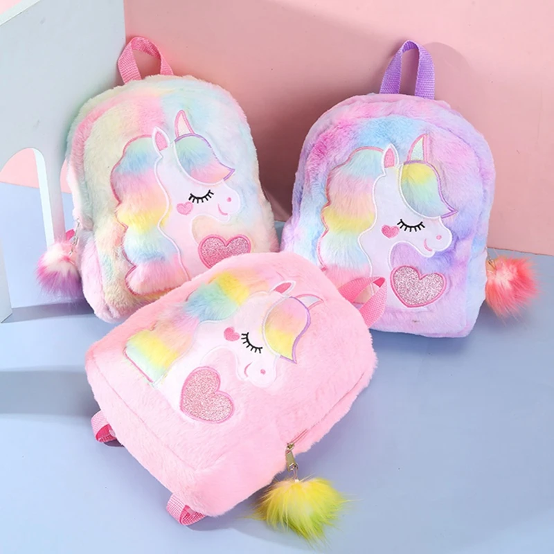 Girls School Bags Kid Animal Rainbow Pink Unicorn Plush Toy Bags Backpack For Wholesale