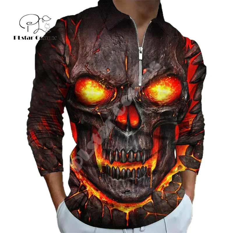 

Halloween Dragon Skull Wolf Tiger Tattoo Colorful Retro 3DPrint Winter Autumn Harajuku Casual Zipper Polo Shirts Long Sleeves A7