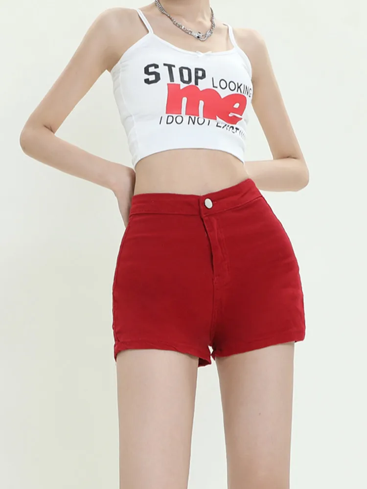 

BULOCHOVA Vintage Women's Summer Red Short Jeans High Waist Tight Denim Shorts Students Sexy Hot Lift Hip Short Pants 2023 New