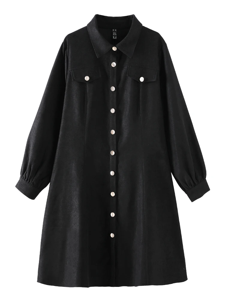 Women's Plus Size Long Sleeve Dress spring summer dress women Turn-down Collar Office wear black Fashion QZ027