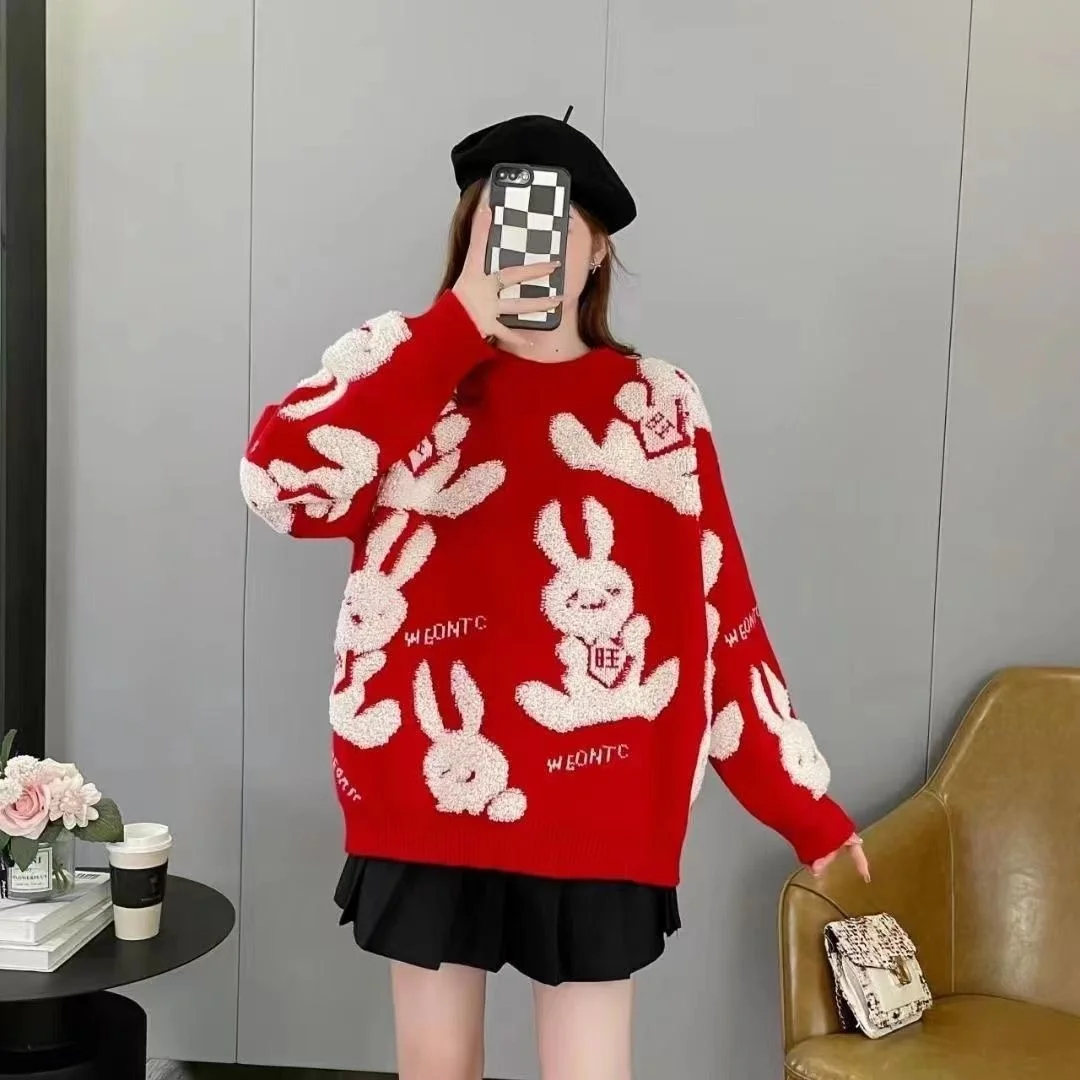 Christmas Dress For Women Sweater Winter Autumn Red New Years Clothing Rabbit Long Sleeve Pullover Loose Evening Party Dresses