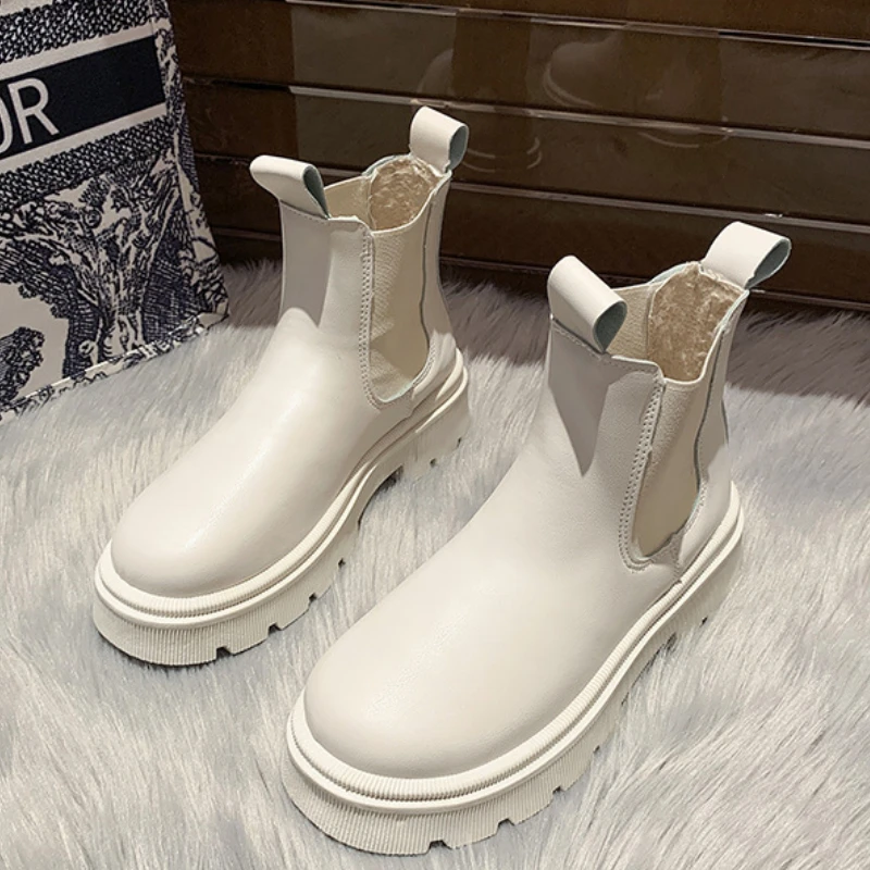 

Новинка, осенне-зимние ботинки челси, женские ботильоны на платформе, коричневые, черные, бежевые, белые, короткие меховые ботинки в стиле па...