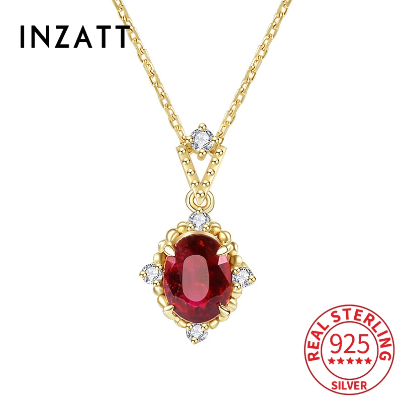 

INZATT Real 925 Sterling Silver Zircon Red Crystal Pendant Choker Necklace For Fashion Women Bohemian Fine Jewelry Drop Shipping