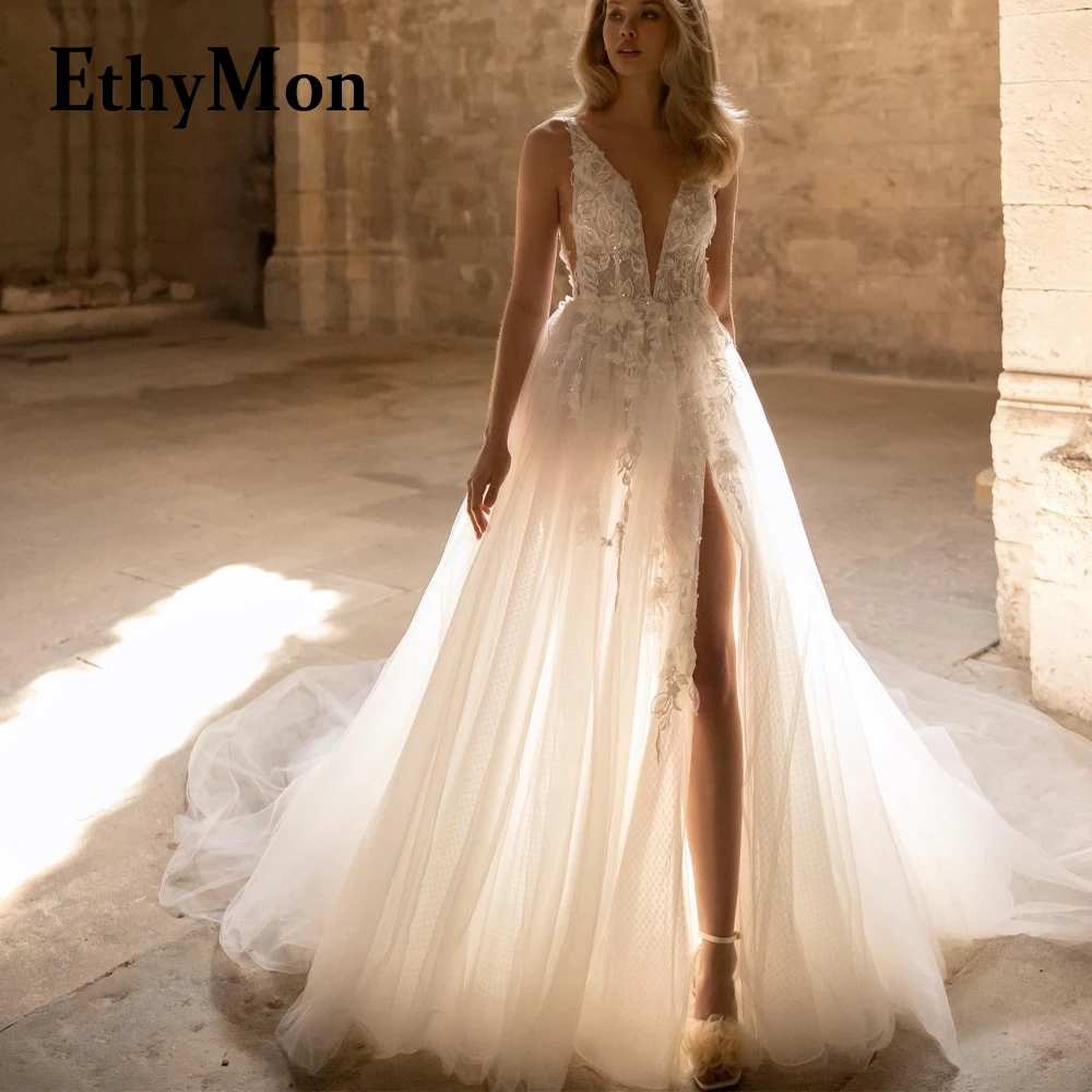 

Ethymon Deep V-Neck High Slit Tank Exquisite Wedding Dresses For Mariages Floral Print Custom Made Vestidos De Novia Brautmode