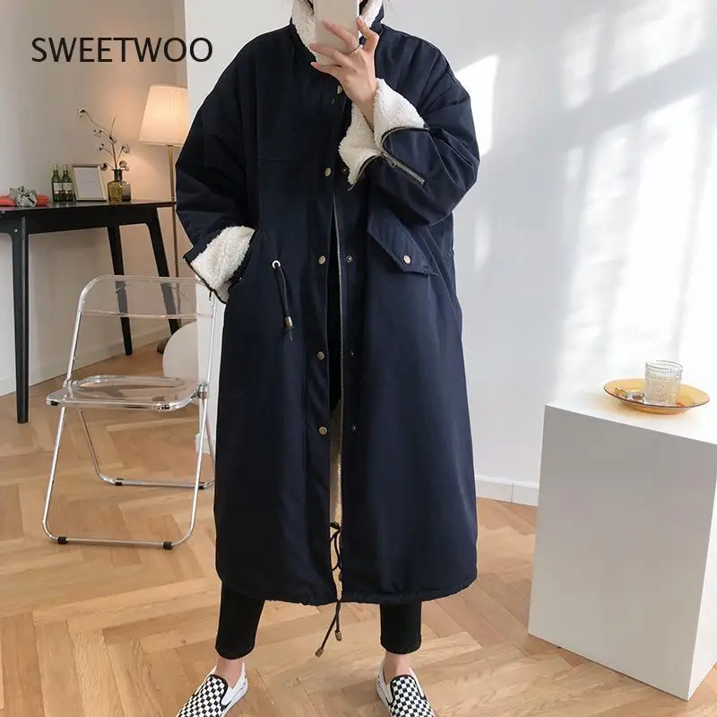 Women Winter Lamb Wool Coat Fur Collar Long-Sleeved Long Section Over The Knee Loose Casual Solid Color Fashion Coat Slim Tide