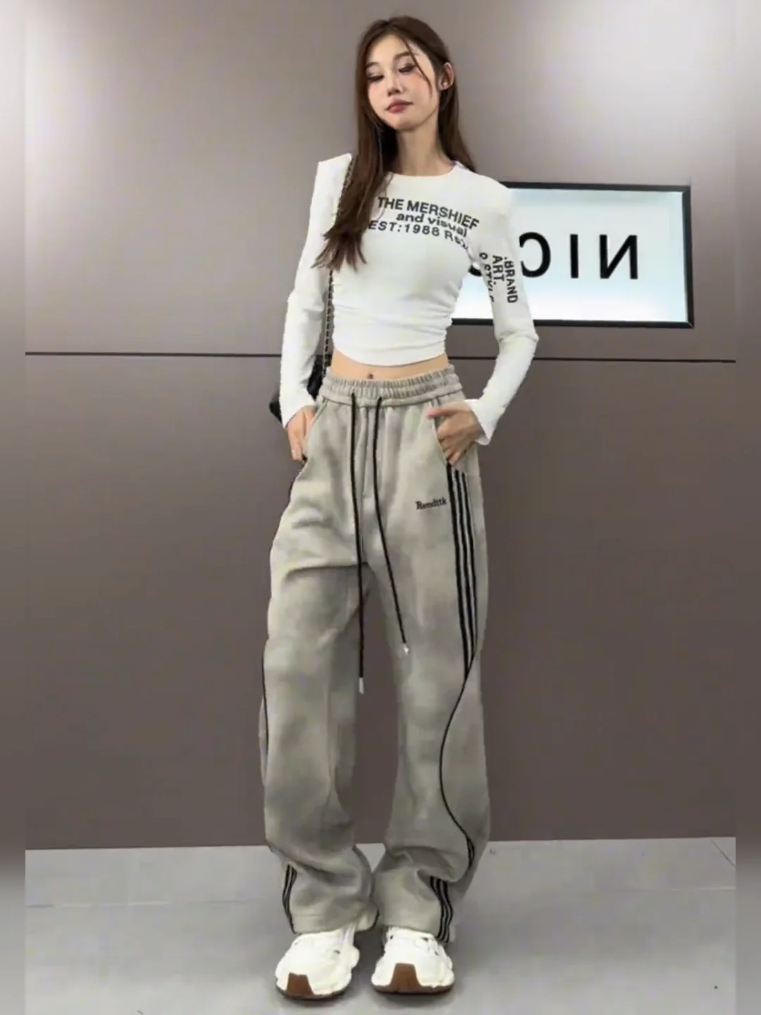 Plus Size Gray-green Tie-dye Heavy Industry Contrast Color Bars Fleece-lined Wide Leg Pants Women Autumn and Winter New Ameri...