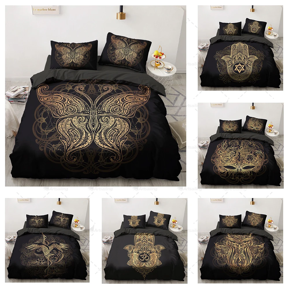Religion Series Bedding Sets Comforter Linen Pillowcase King Queen Black Gold Design 3D Print Double Single Size Home Textile