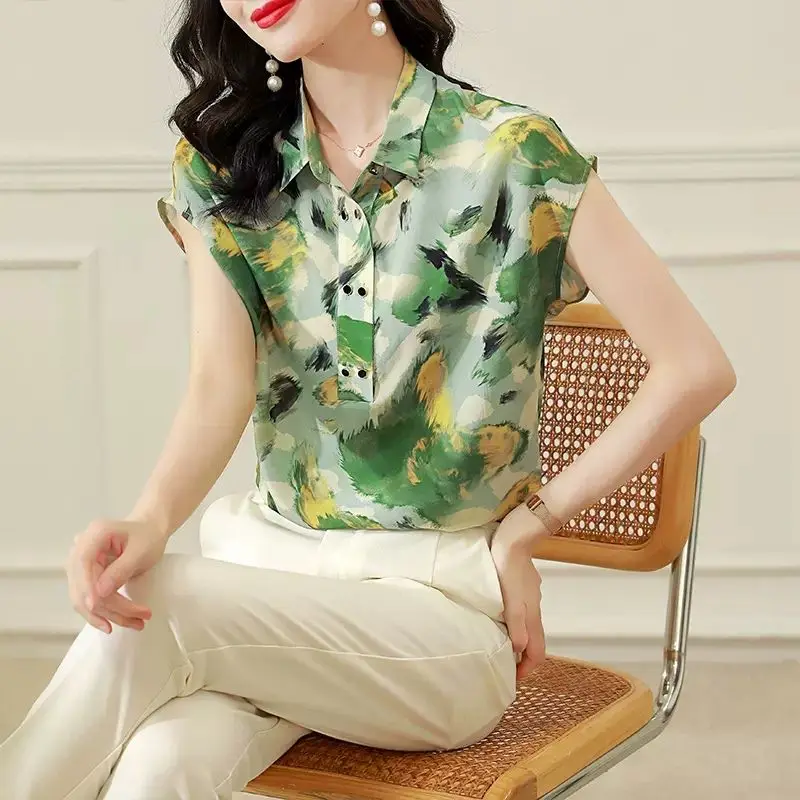 

Блузка женская с отложным воротником и коротким рукавом, Модный пуловер на пуговицах, свободная рубашка с принтом, лето