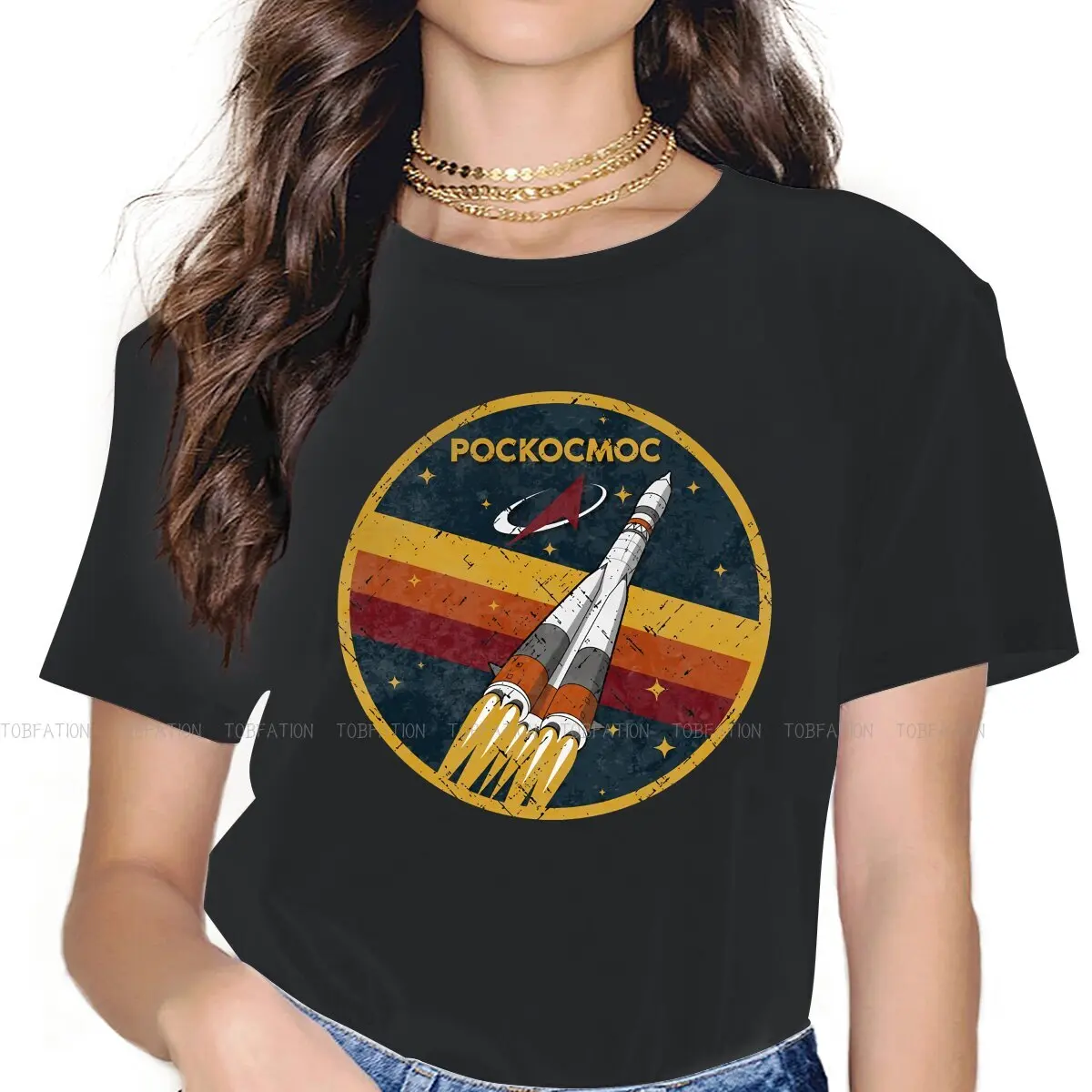 

Roscosmos Vintage Emblem TShirt For Women Russian USSR CCCP Tops Harajuku Ladies T Shirt Cotton Graphic Loose