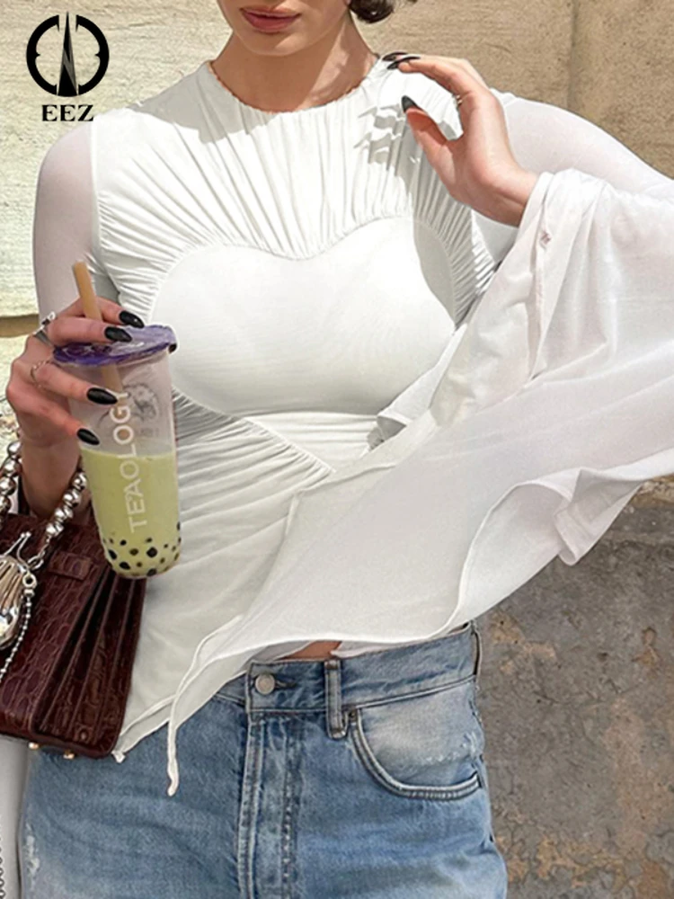 

Big Flare Full Sleeve T Shirt White Folds Crop Top French Heart Cute Autumn Streetwear Tee Harajuku Women Chic Vintage Y2k Top