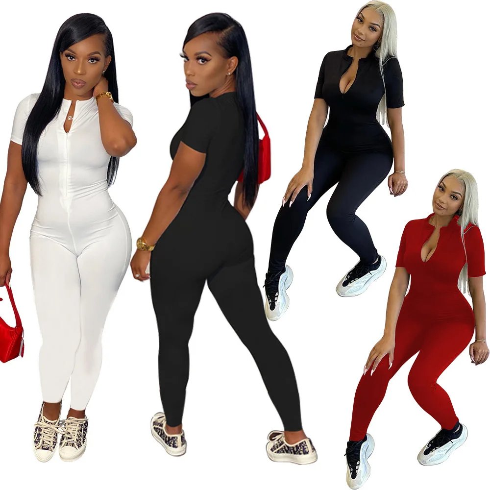 

2022 Summer Women's Jumpsuit Solid Color Short Sleeve Zip Stand Collar Stretchy Bodycon Slim Fit Fashion Outfits