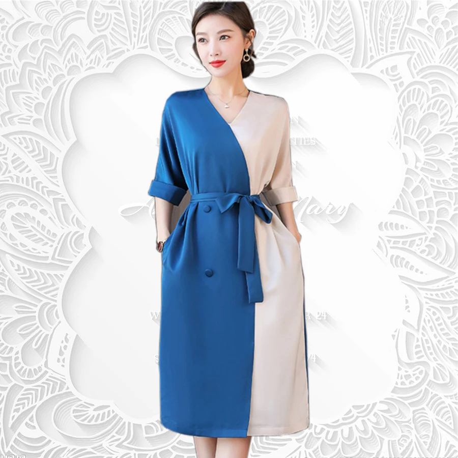

Summer Autumn Office Lady Dress Women Fashion Womens V-neck Splicing Lace Up Mid Length A-line Skirt Party Dress Clothing