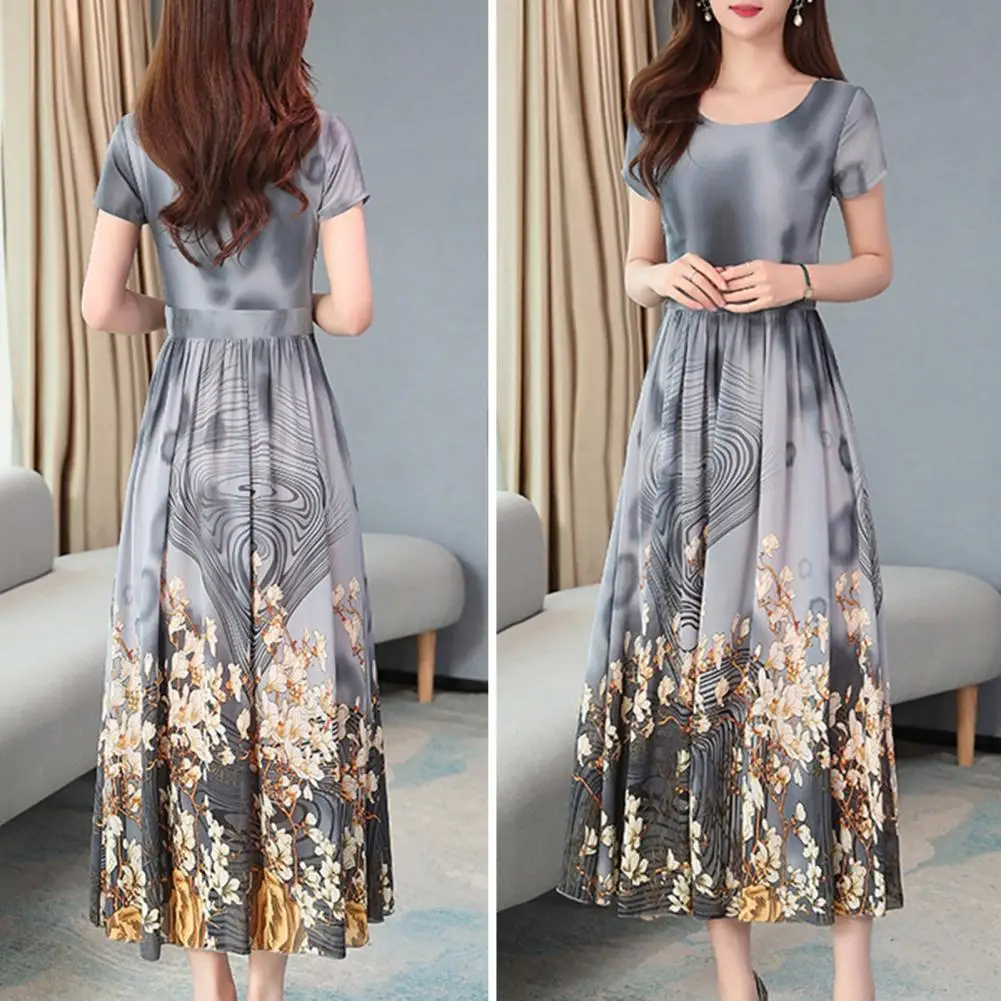 

Formal Dress Floral Print Large Hem Summer Crew Necks Long Dress for Banquet