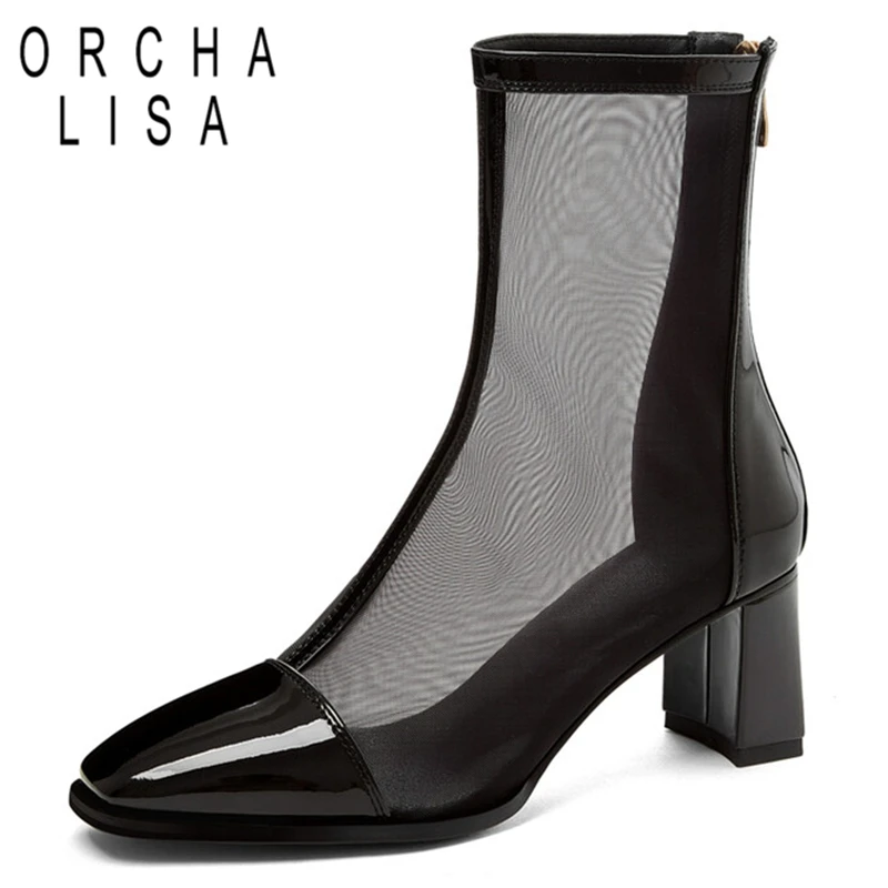 

ORCHA LISA Women Summer Boots Square Toe Chunky Heels Breathable Mesh Hollow Zipper Sweet Big Size 32-46 Beige Spring S3174