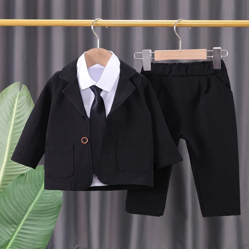 2022 new baby boy fashion formal suit children's gentleman tie 3-piece suit spring and autumn long sleeve shirt + Jacket 0-4 yea
