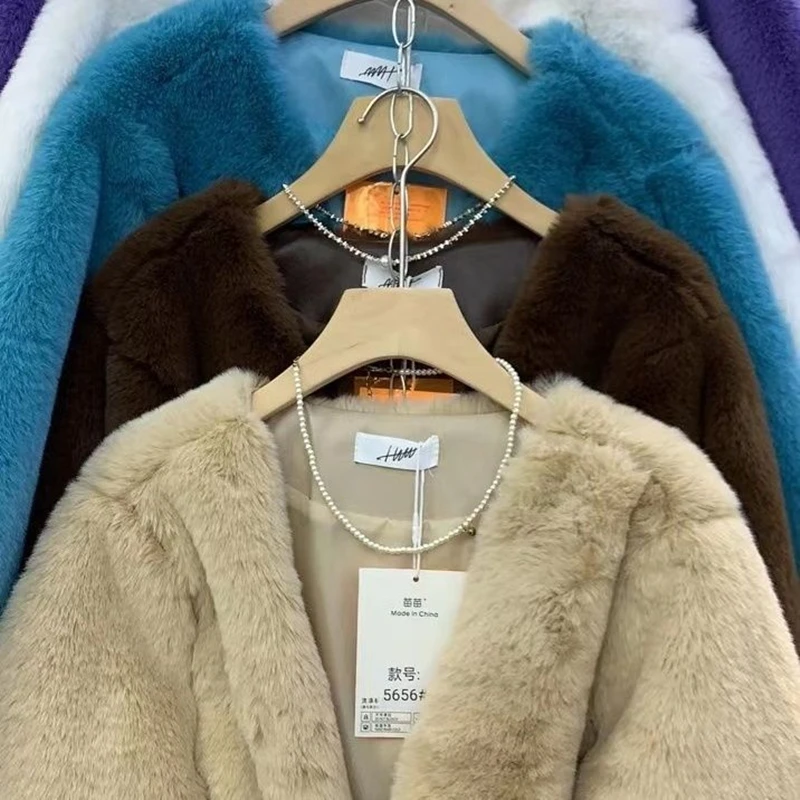 New Autumn Winter Jacket Women Double Faced Fur Solid Pockets Loose Office Lady Short Faux Fur Coat Fashion Tops Famale Clothing