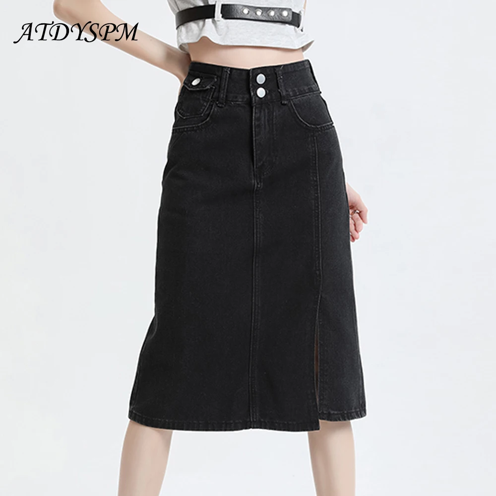 

Женские джинсовые юбки, модная летняя юбка миди А-силуэта с разрезом, простые повседневные женские юбки