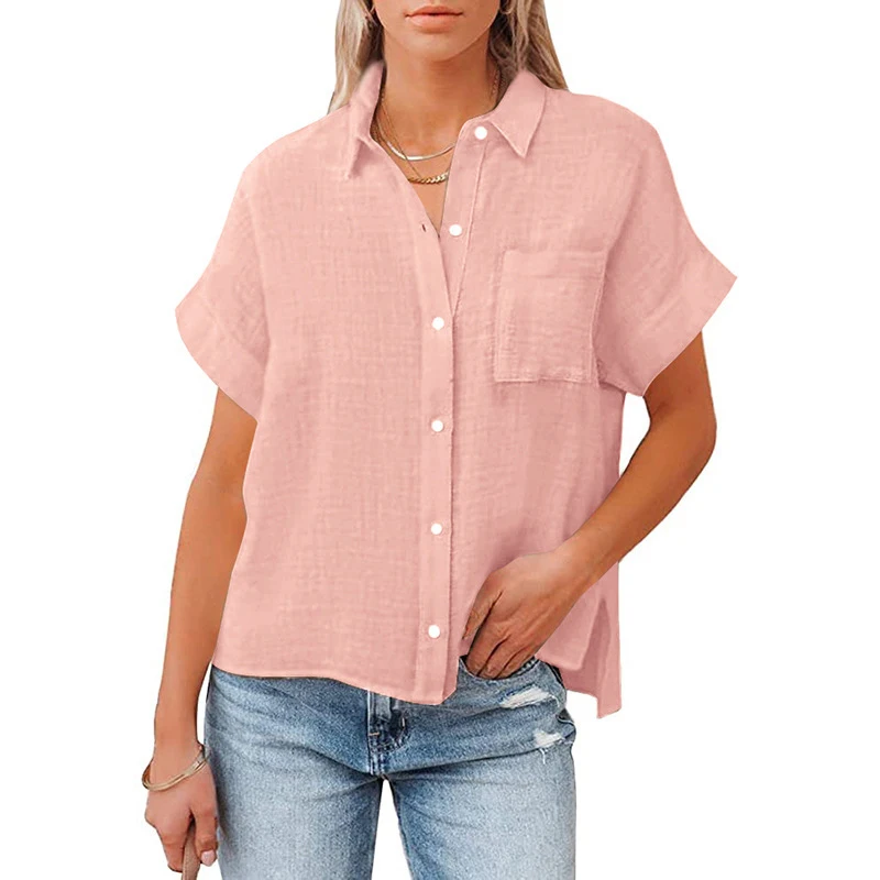 

Women's Summer Cotton Linen Solid Color Blouse Loose Fit Short Sleeve Side Slit Soft Breathable Button Down Shirt With Pocket