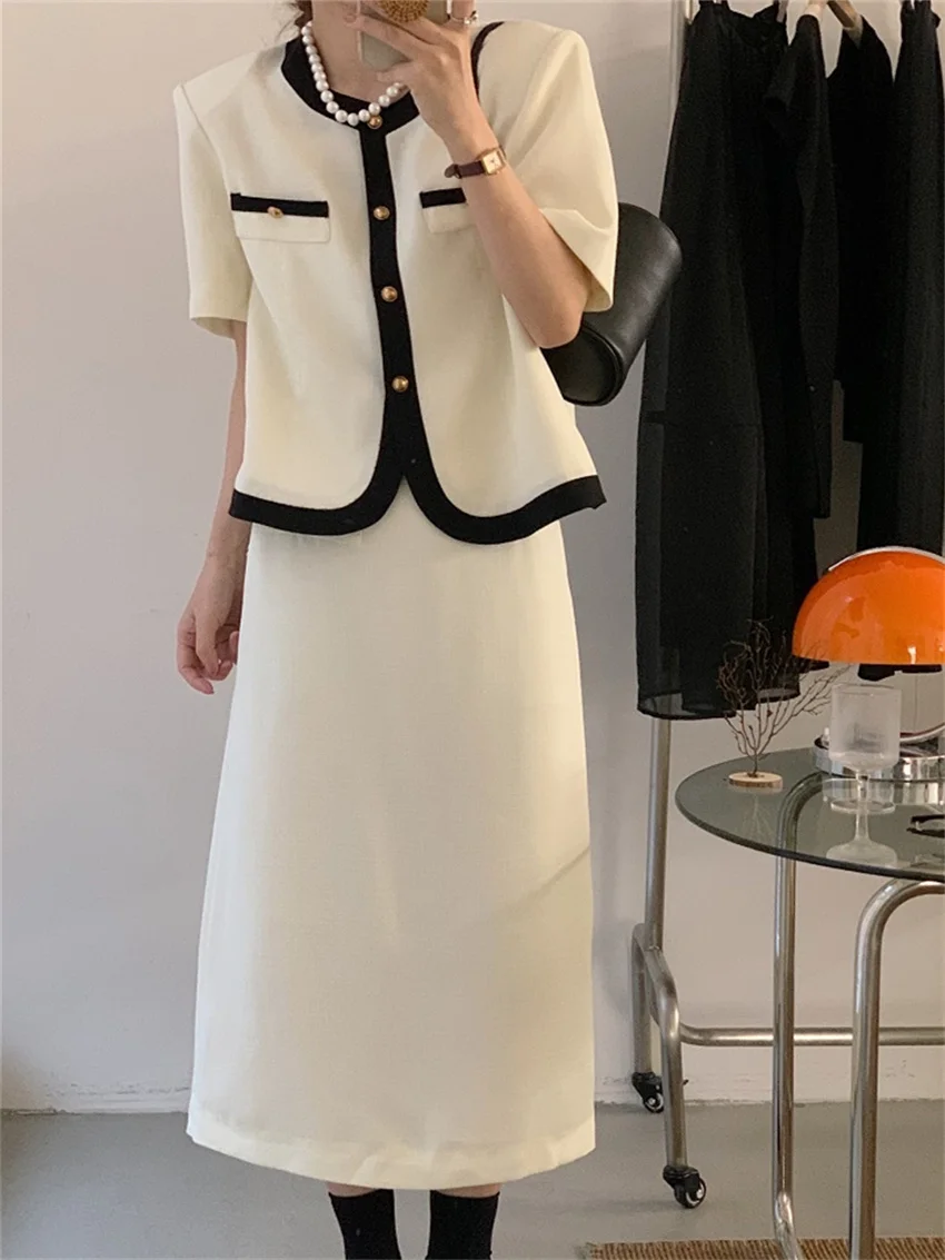

HziriP Elegance Office Wear Short Sleeve Blazers Mid-Length Long Skirts Suits Summer Fashion Lady Work Wear Slim Two Pieces Sets