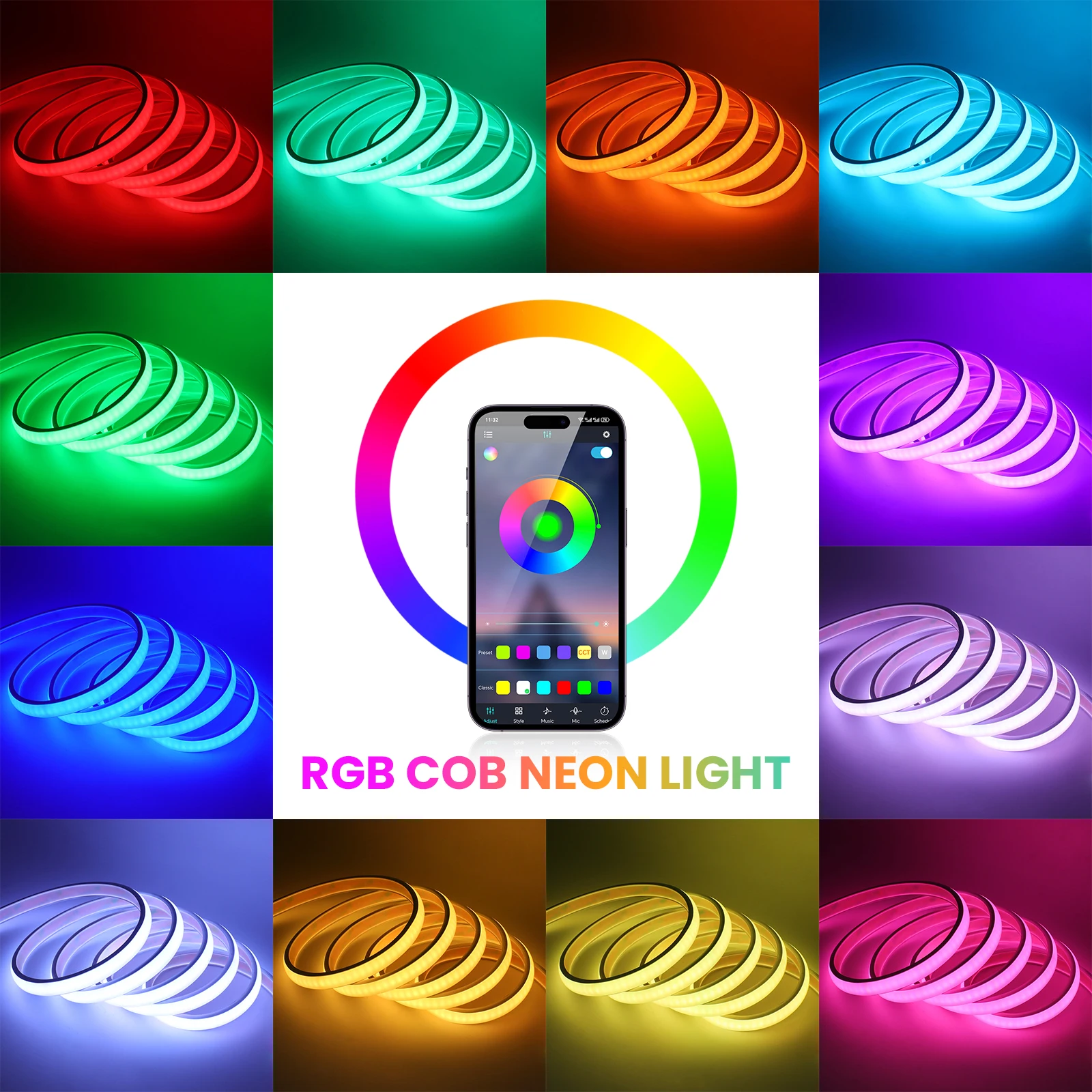 Фото 44-клавишный Bluetooth RGB COB LED неоновый светильник с пультом ДУ, комплект питания EU/US/UK/AU, 12В/24В, гибкая светодиодная лента 576 LED, 0.5м/1м/2м/5м/10м №5