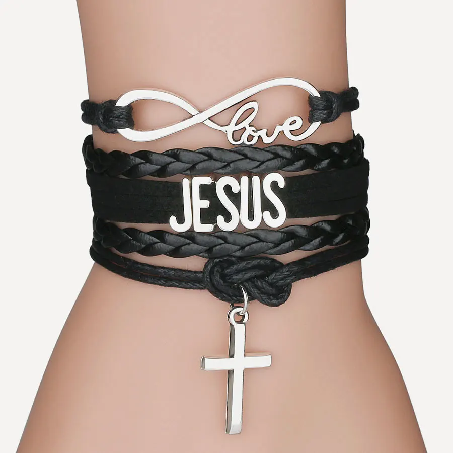 

New Religious Cross charm Leather Bracelets For Women Men Jesus Braided Rope Chains Bangle Fashion Jewelry