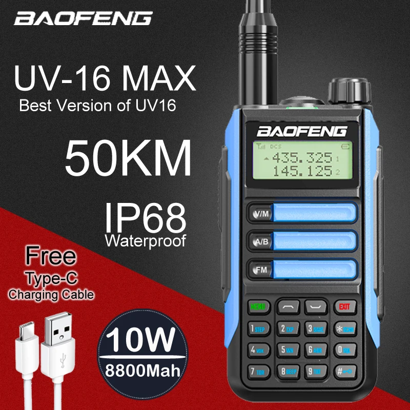 

Baofeng UV16 Li-ion Battery Walkie Talkie IP68 Waterproof Two Way Radio Type-C USB Charger High Power Antenna VHF UHF Long Range