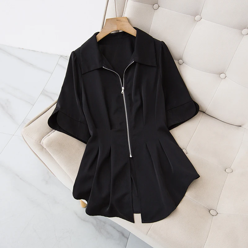 

SuperAen Women's Fashion Loose Shirt 2023 Summer New Loose Zipper Half Sleeve Shirts for Women