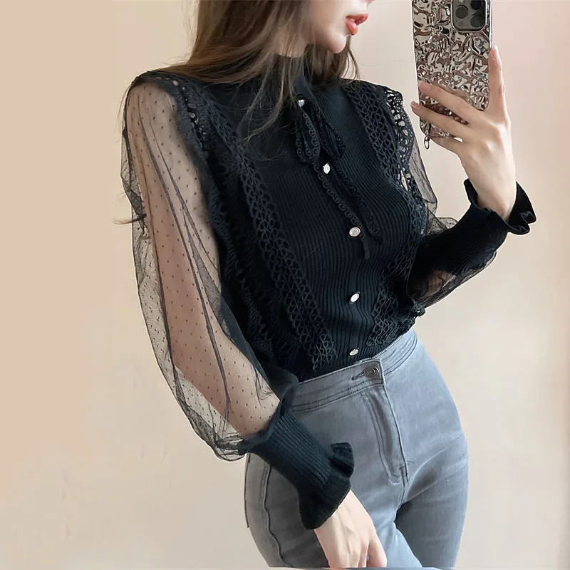 

Korean Sweet Patchwork Sweater Women Spring Autumn Half Turtleneck Long Sleeve Lace Knitted Tops Pullovers Pull Femme Jumpers