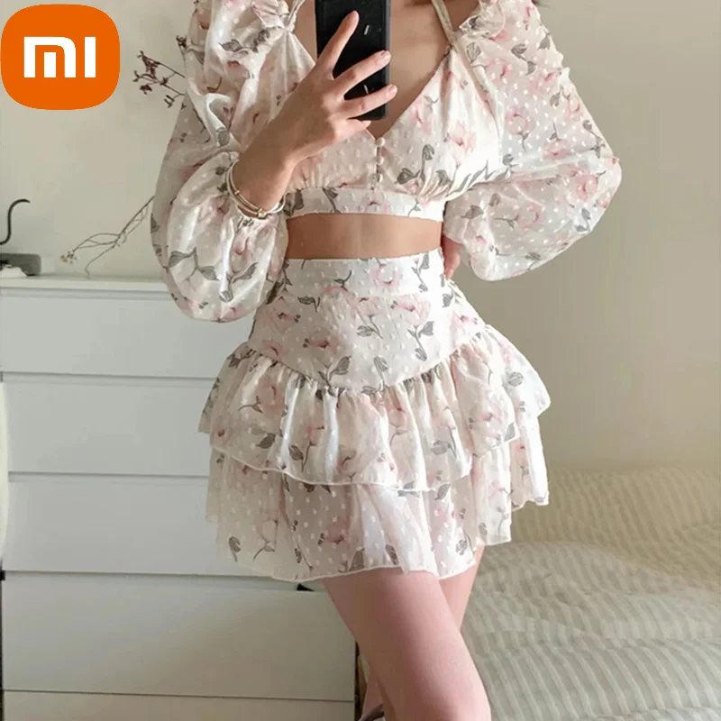 

Xiaomi Boho Floral Ruffle Skirt Women Elegant Fairycore High Waist A-line Pleated Mini Skirt Sexy Beachwear Korean Fashion