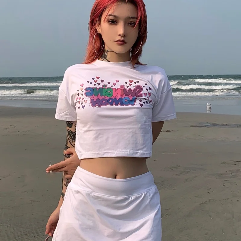 

Caring Girl Cute Print Short Sleeve Goth Female Women T-shirts Short Anime T Shirt HipHop Summer Women Streetwear Crop Tops Y2k