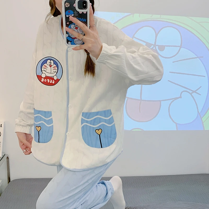 Women Pajamas Sets Spring Sleepwear Cartoon Doraemon Pyjamas Pour Femme Loose Long Sleeve Girl Pijamas Mujer Ladies Pajamas Suit