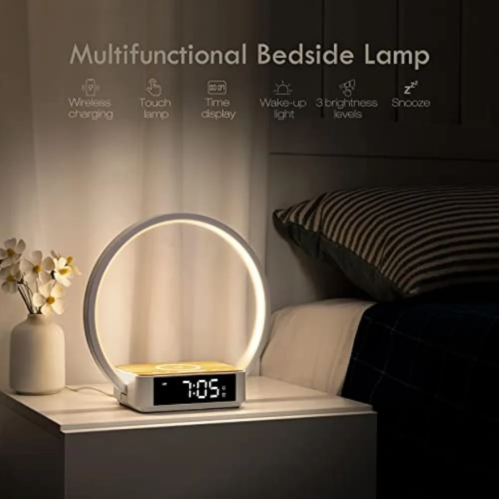 

WILIT Bedside Table Lamp, Touch Lamp with Alarm Clock with Wireless Charging Wake-up Light, LED Desk Lamp 3-Grade Dimmable